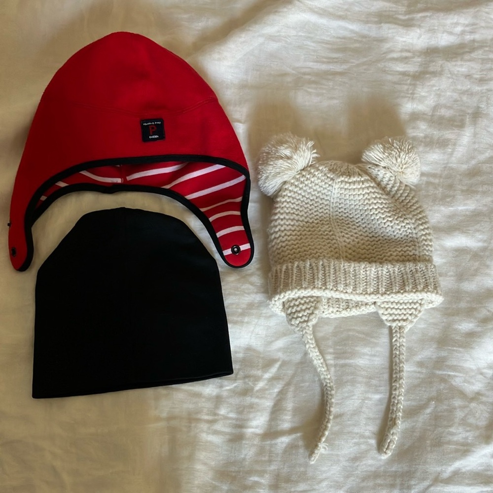 Red & White Knit Pom-Pom Hat and Black Beanie Set